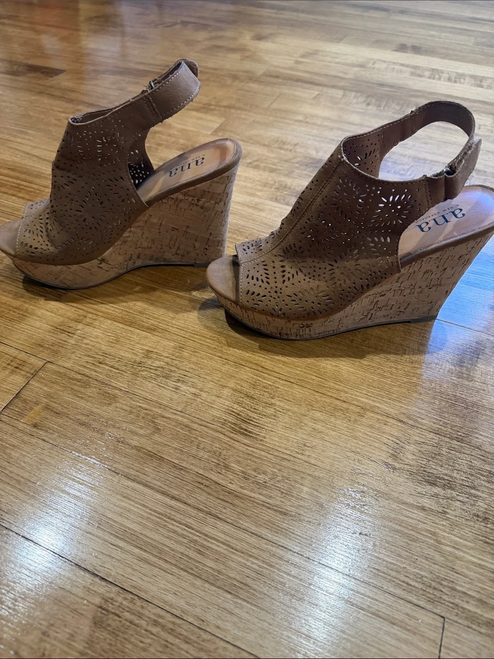 Perforated Tan Cork Wedge Sandals with Slingback